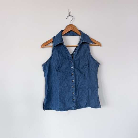 Vintage Tops - Faded Glory Denim Halter Top Women M Sleeveless Collared Y2k 2000s Bratz Western